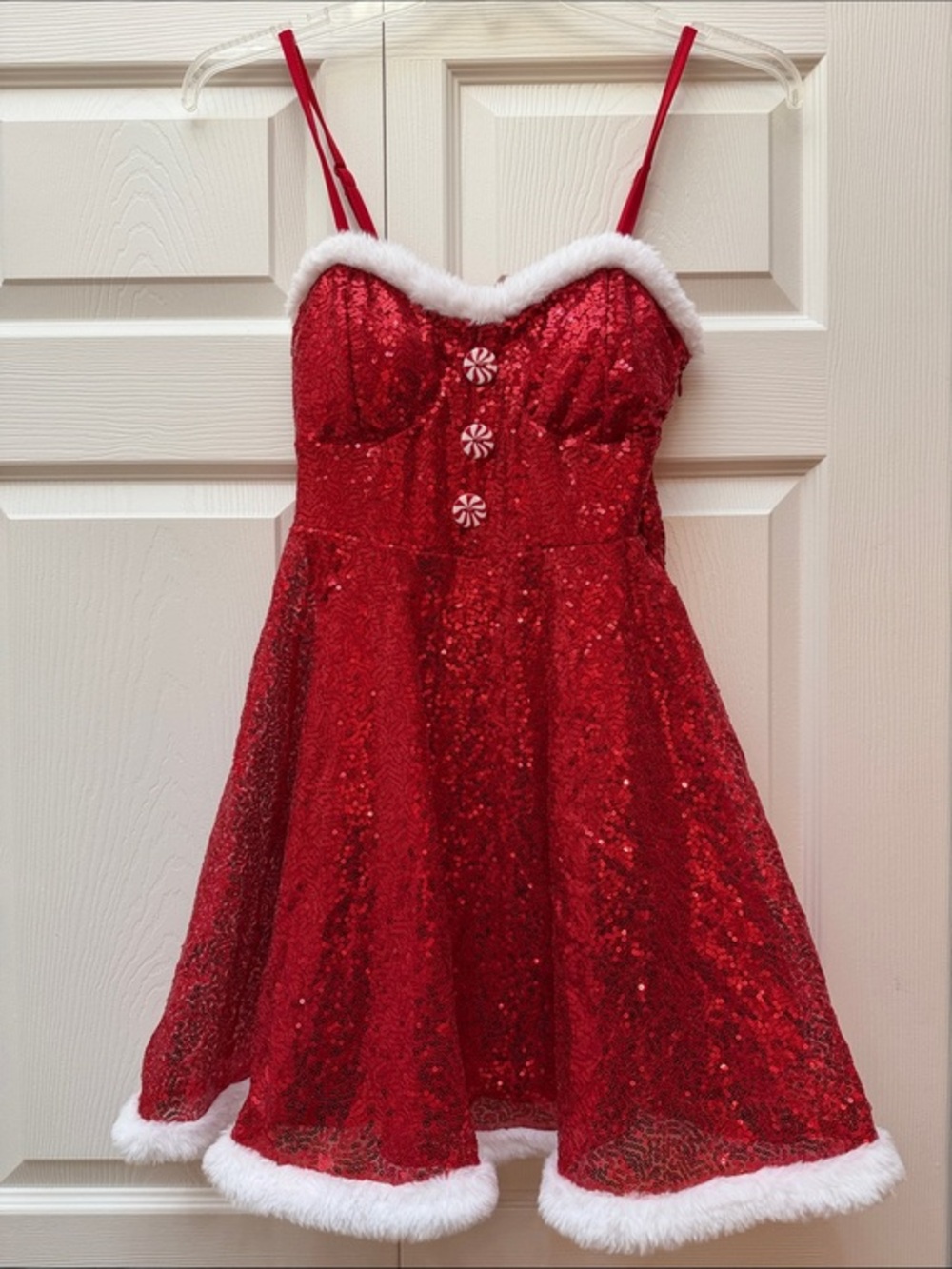 No Boundaries Christmas Red Sequin Mini Dress with White Faux Fur Trim